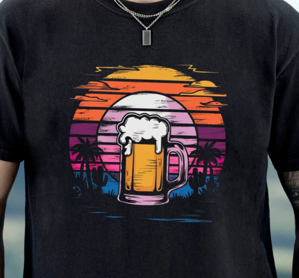 Beer Mug Sunset T-shirt | Retro Desert Design Tee, Fun Drinking Shirt