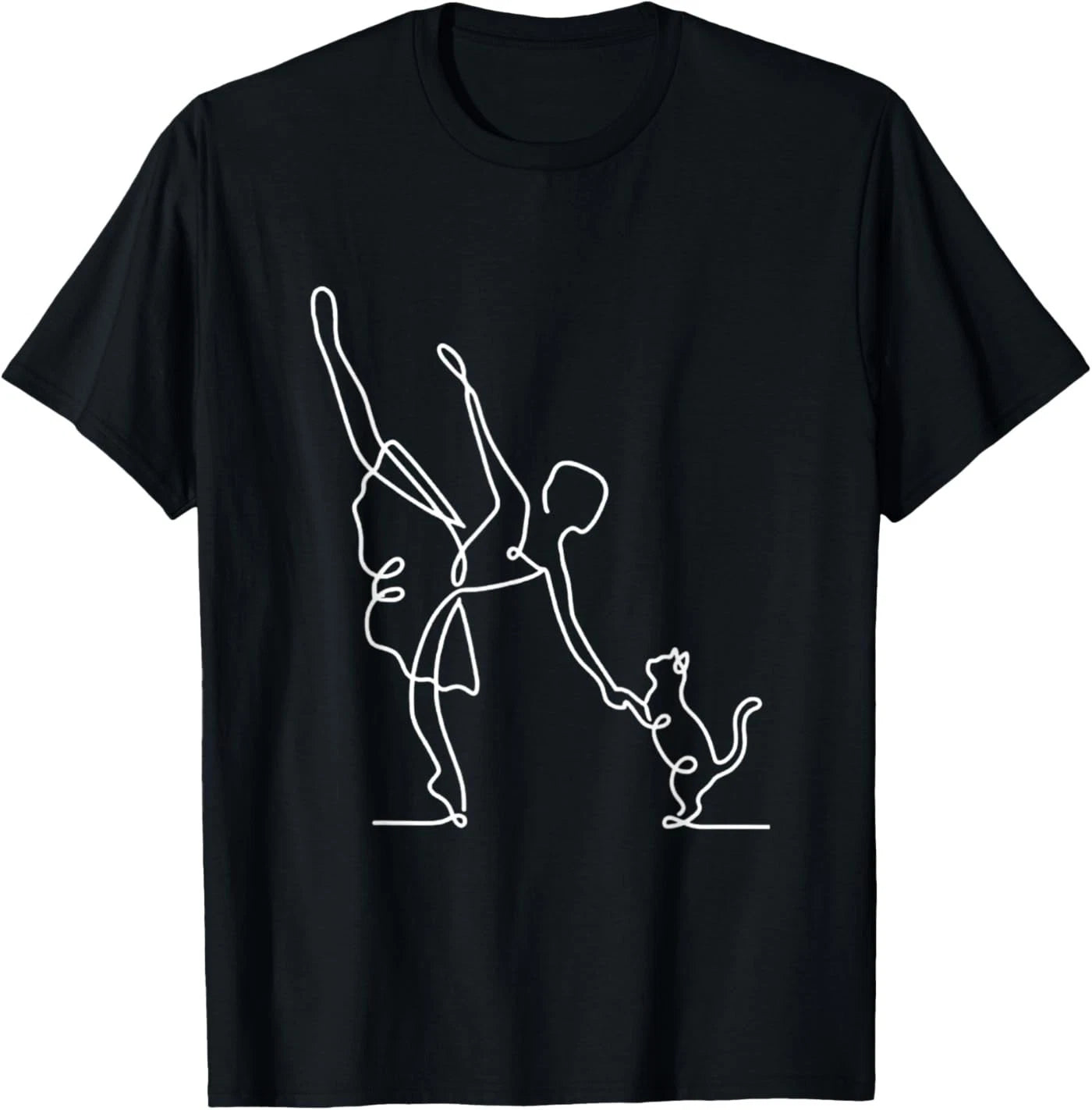 Minimalist Ballerina and Cat Line Art Ballet Dancer Pet Love T-Shirt