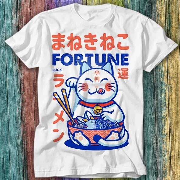 Maneki Neko Fortune Teller Lucky Cat Noddle Ramen Chinese T Shirt Top Tee 262