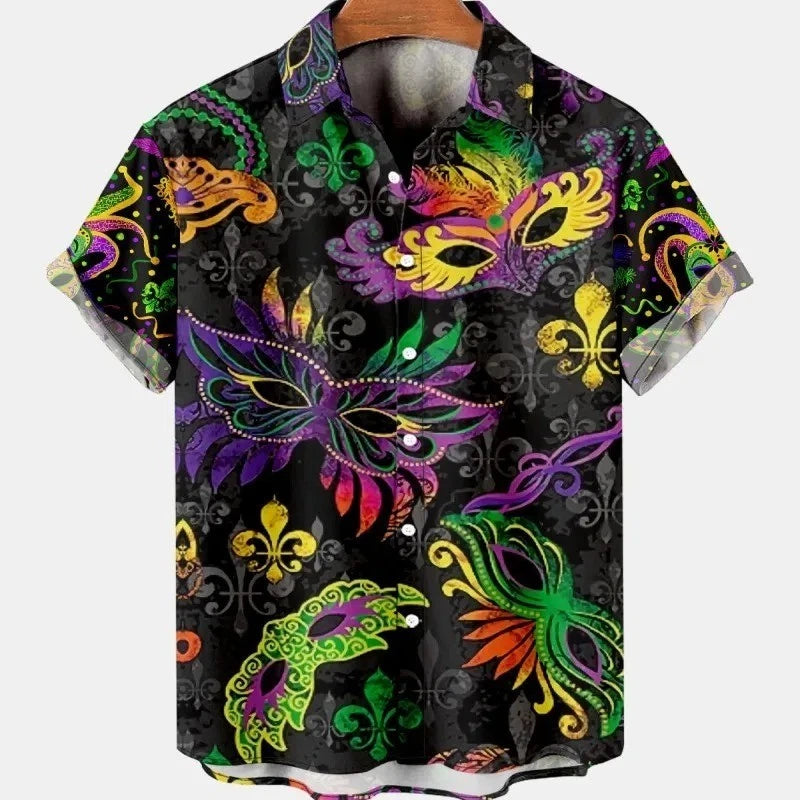Mens Button Down Mardi Gras Carnival Mask Hawaiian Top Novelty Holiday Shirt