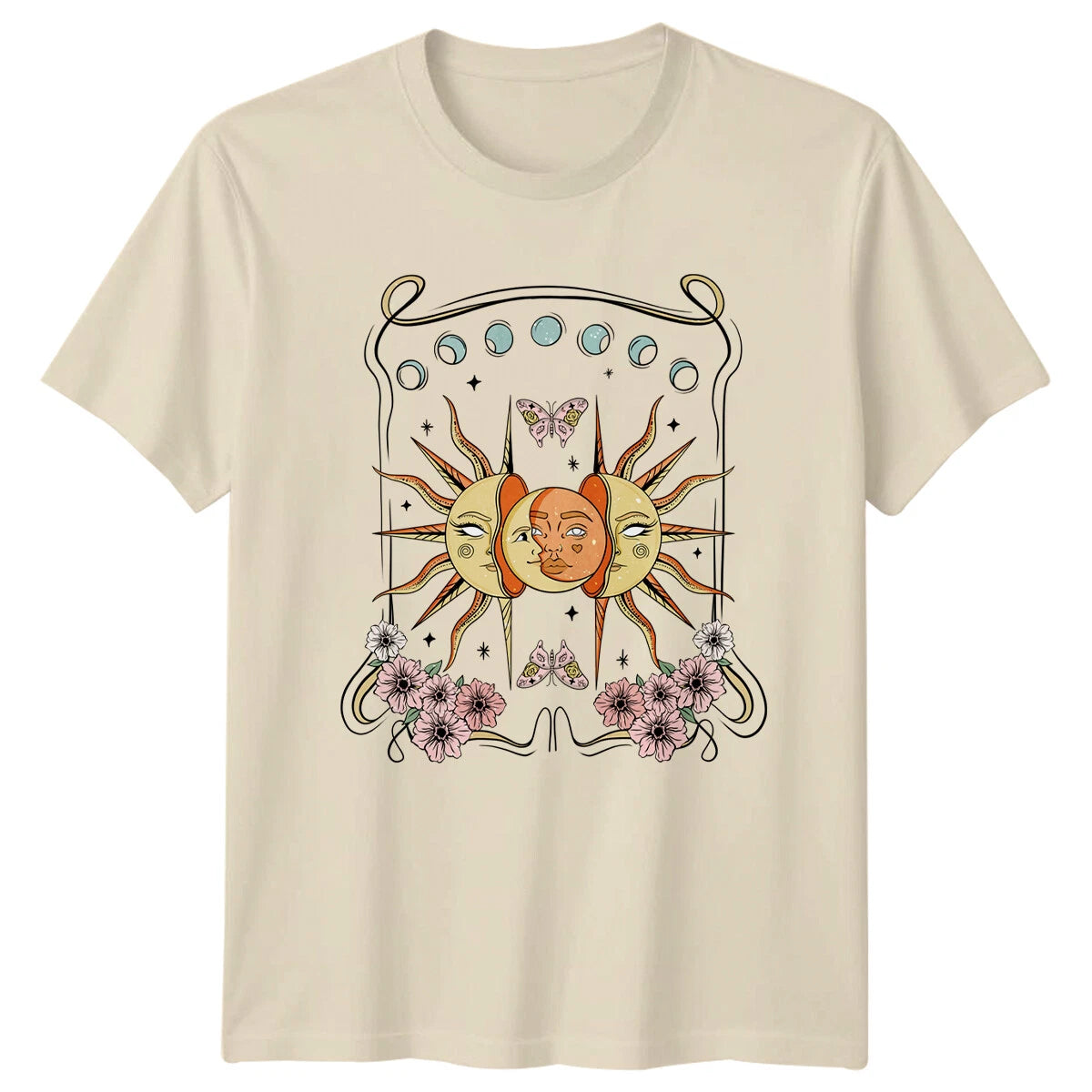 Celestial Sun Moon Faces Phases Butterflies Graphic T-Shirt