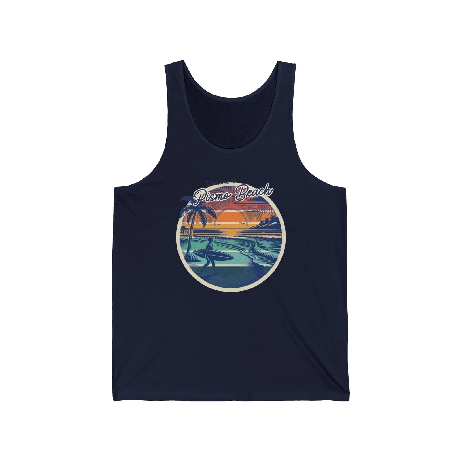 Surfer Beach Scene Tank, Pismo Beach Retro Sunset Shirt, Summer Vacation