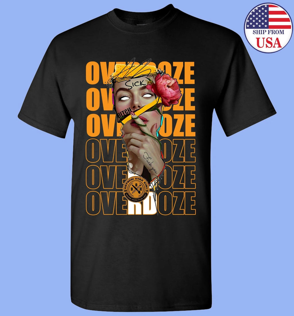 Edgy Female Portrait T-Shirt - Floral, Butterfly & Grunge Text