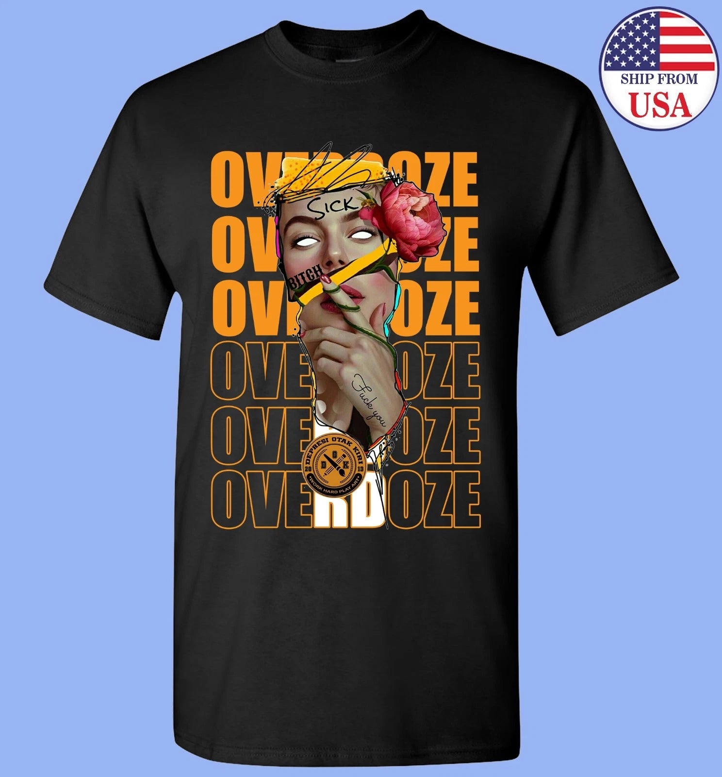 Edgy Female Portrait T-Shirt - Floral, Butterfly & Grunge Text