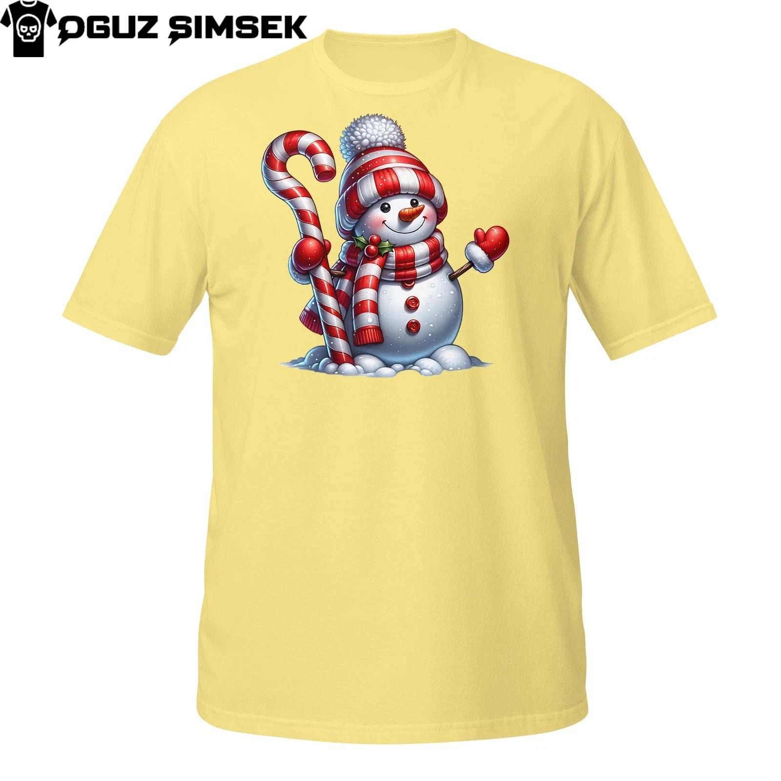 Festive Snowman T-Shirt – Red Scarf, Candy Cane & Cozy Winter Design