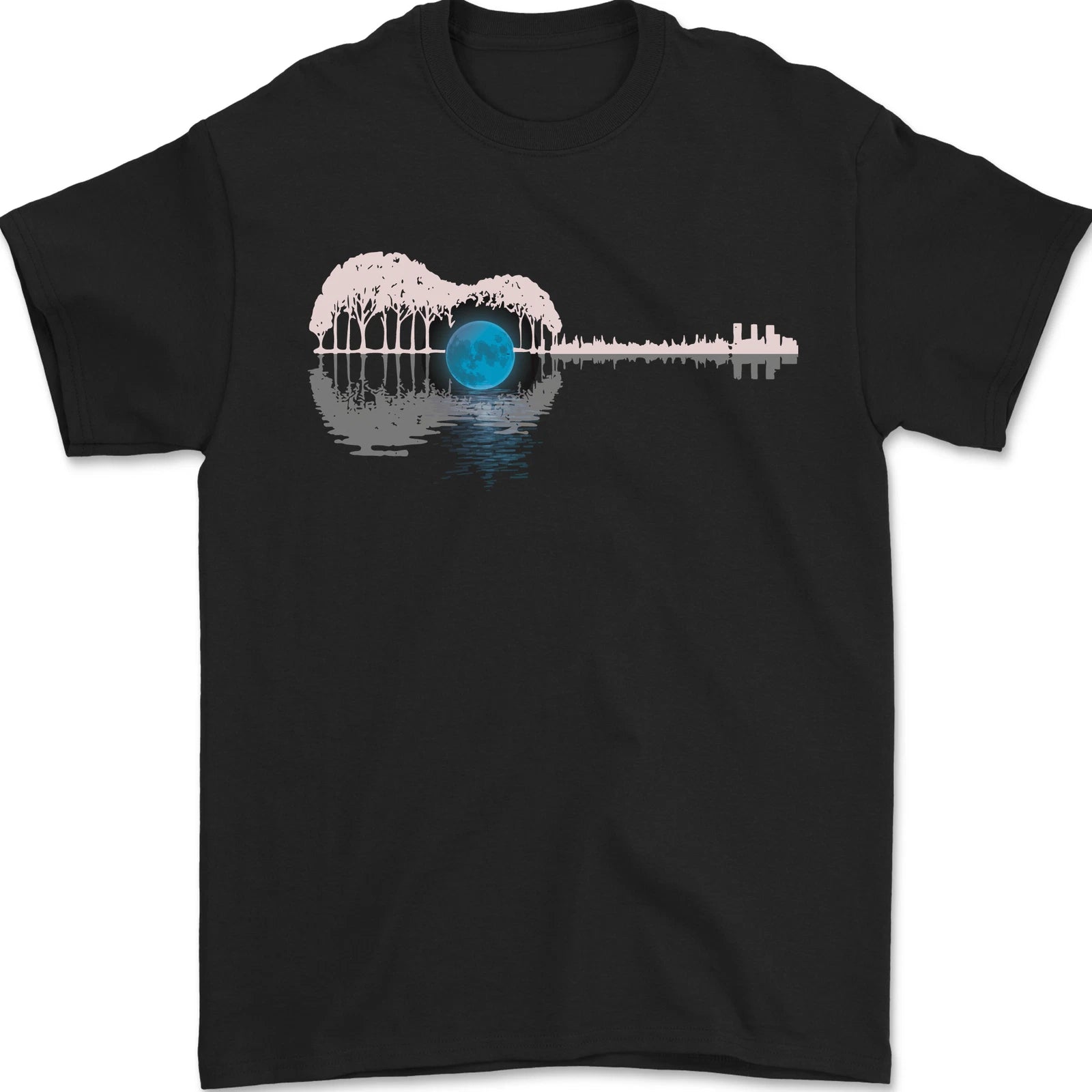 Acoustic Guitar Water Reflection Music Moon Mens T-Shirt 100% Cotton