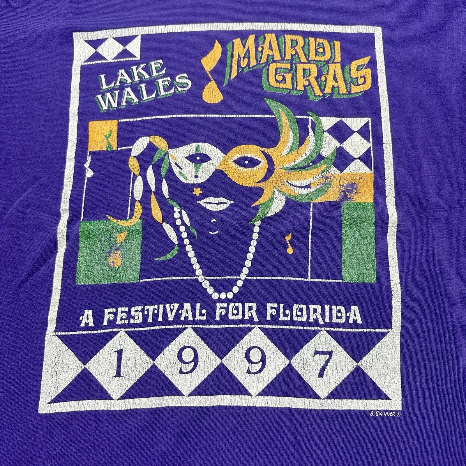 Vintage Mardi Gras T-shirt Men’s Size Large Lake Wales 1997 Mask Art B Skinner