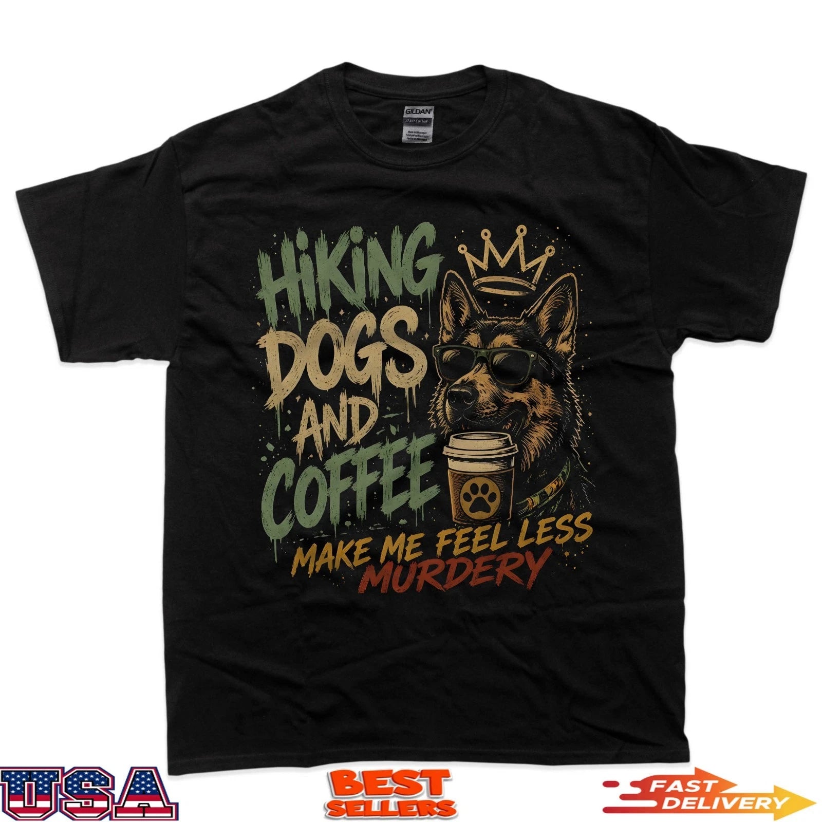 Funny Hiking Dog And Coffee Outdoor Dog Lover T-Shirt