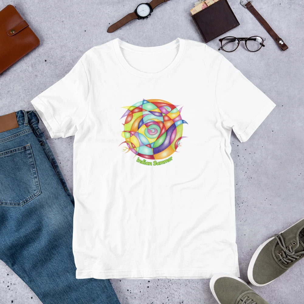 Indian Summer White T-Shirt – Hand Drawn Art Tee, Warm Sunset Colors Unisex Tee