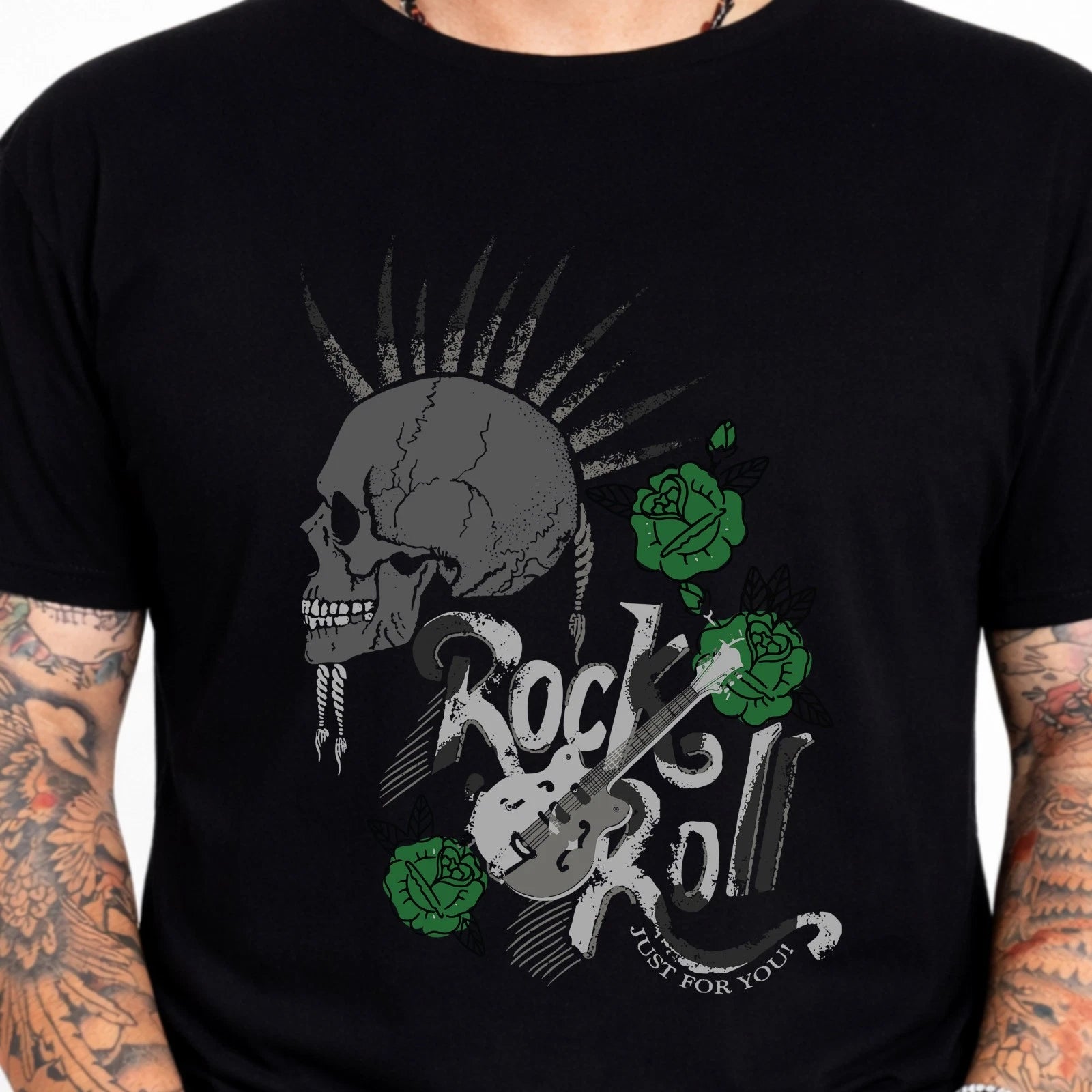 Rock Roll Punk Mohawk Skull Electric Guitar Green Roses Vintage Graphic T-Shirt.