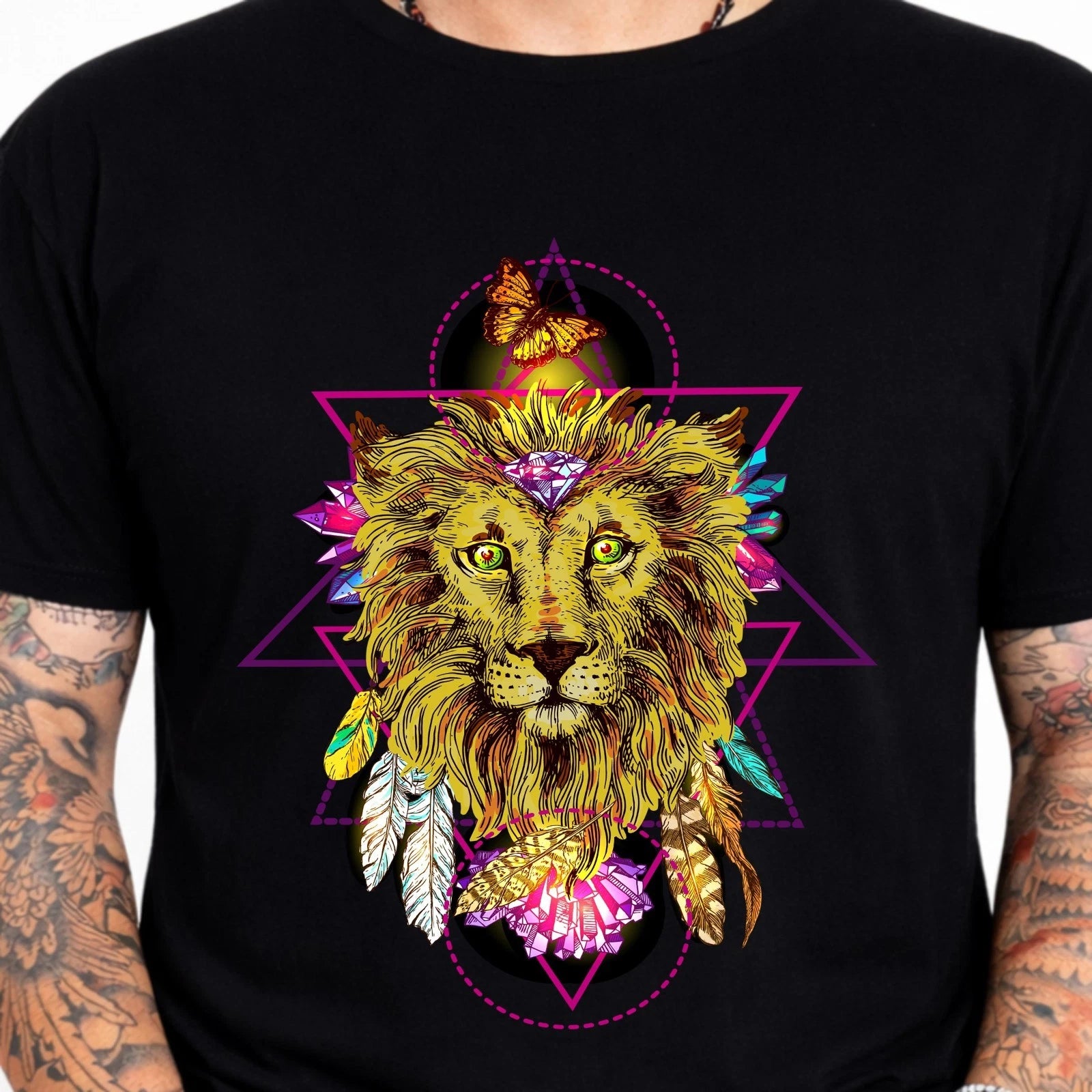 Tribal Lion Head Sacred Geometry Crystal Butterfly Feather Top Graphic T-Shirt.