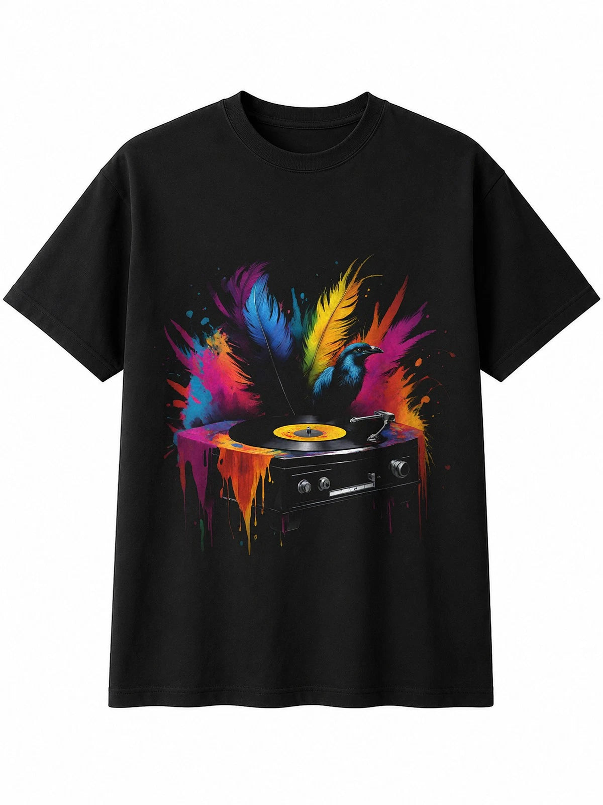 Splatter Art Vinyl Record Player with Feathers Retro Y2K Mens T-Shirt Black 90s