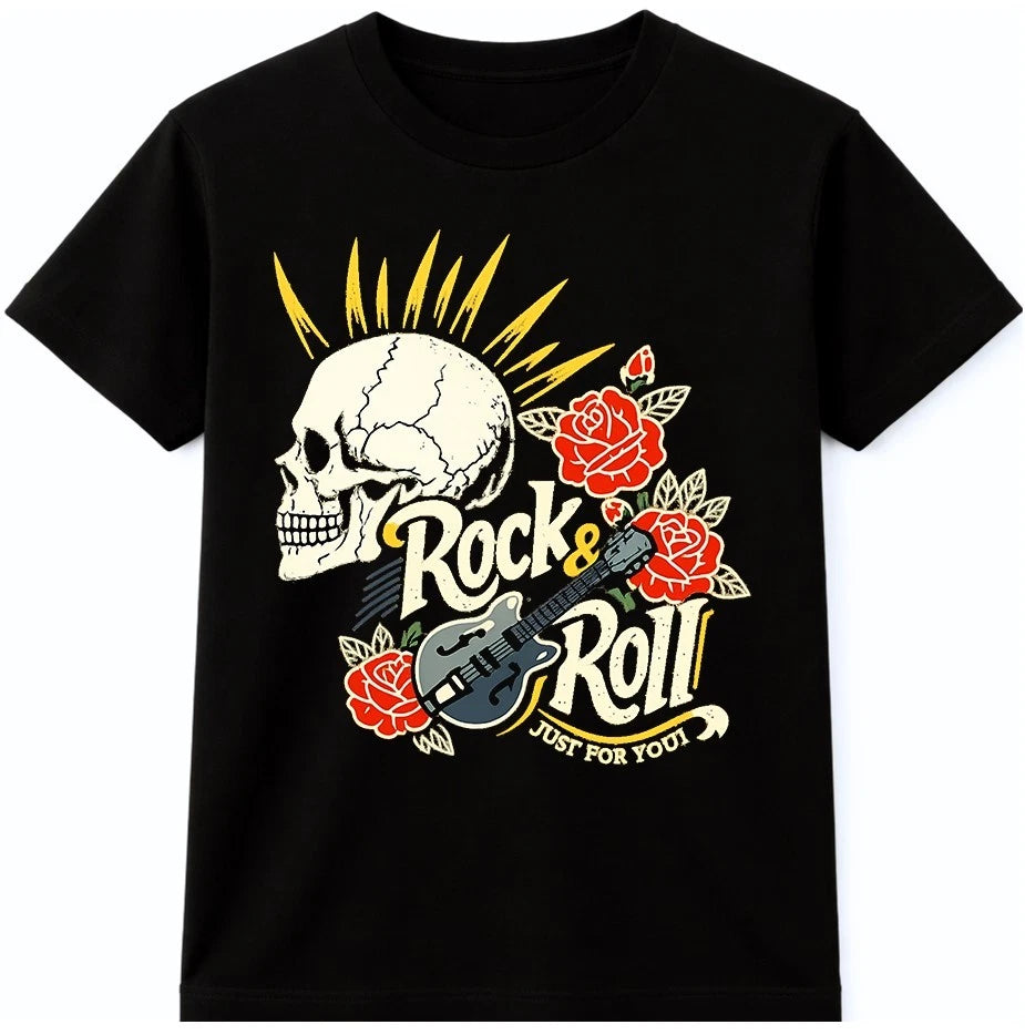 Rock And Roll Skull Guitar Roses Punk Music Vintage Band Graphic T-Shirt.