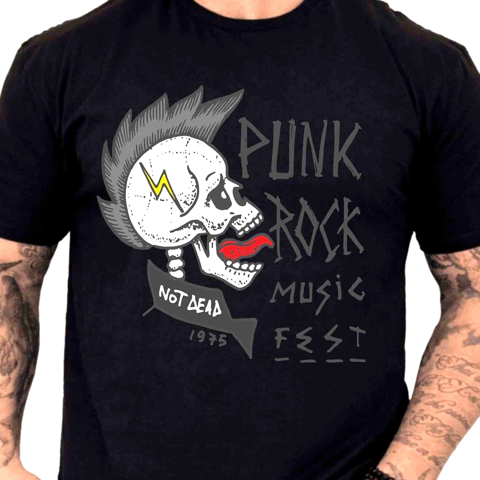 Punk Rock Music Fest Skull Mohawk Not Dead 1975 Heavy Metal Top Graphic T-Shirt.