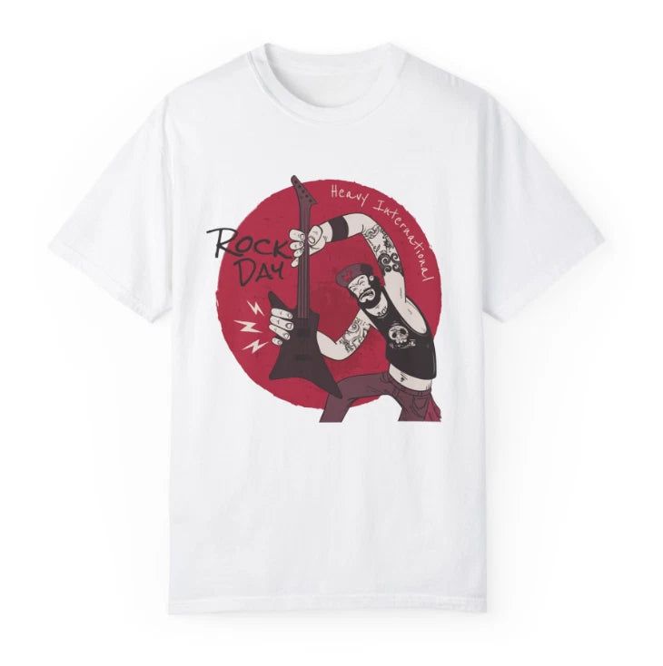 Hand drawn world rock day illustration with musician playing guitar Unisex tee