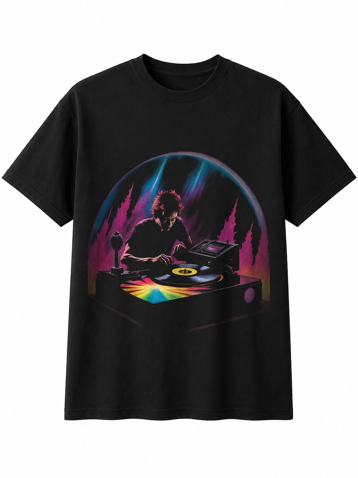 Fantasy Art Vinyl Record Player Aurora Retro Y2K Mens T-Shirt Black 100% Cotton