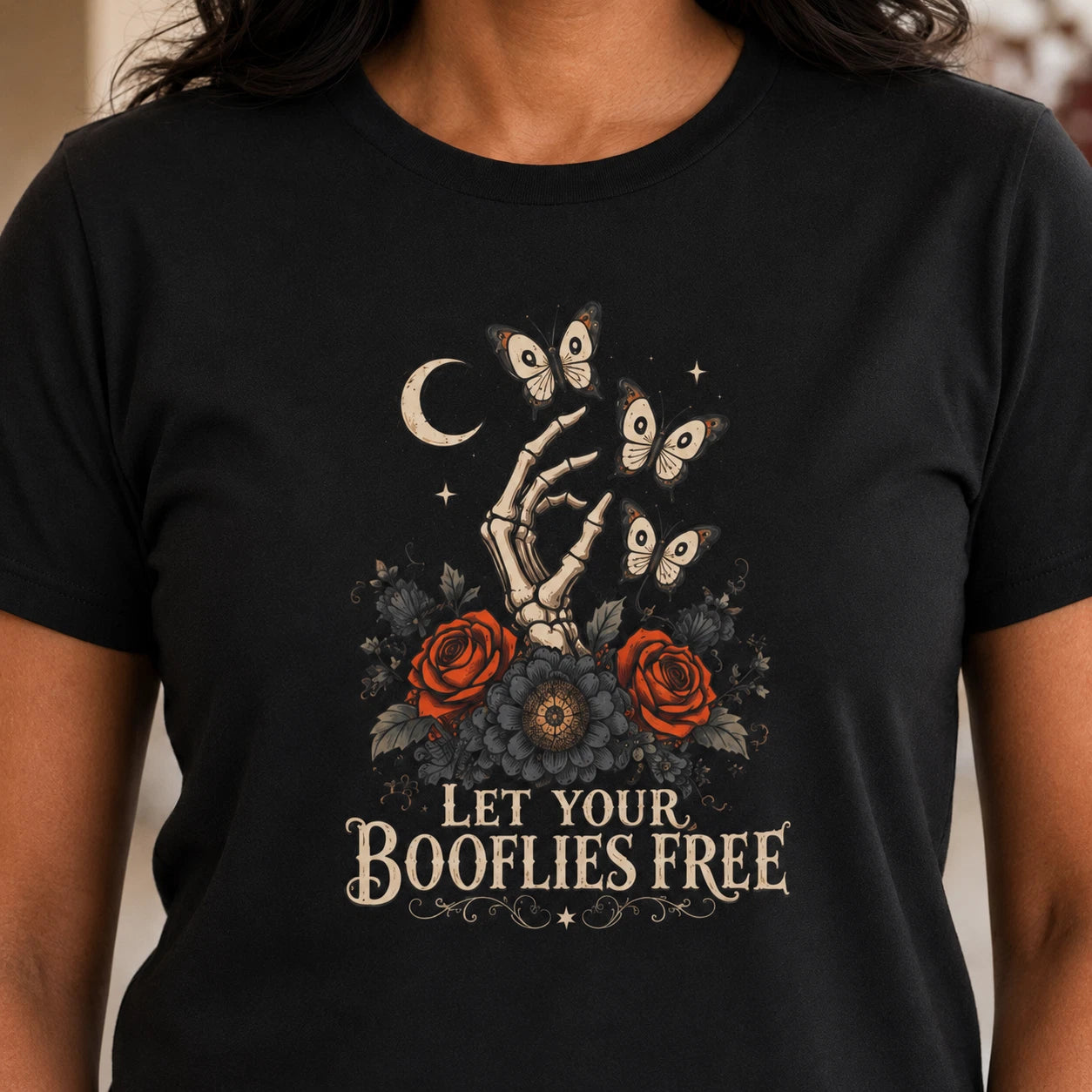Let Your Booflies Free T-Shirt | Spooky Skeleton Hand, Roses, Ghost Butterflies