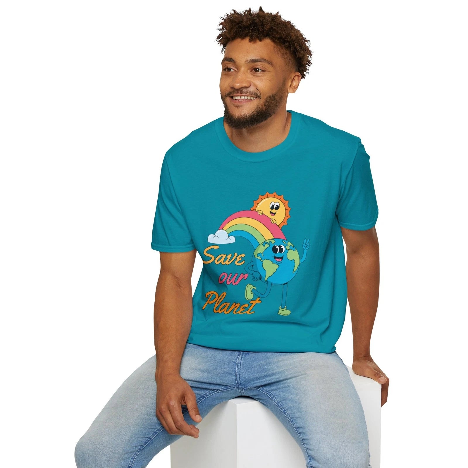 Save Our Planet Earth character T-Shirt | Rainbow Sun Eco Tee