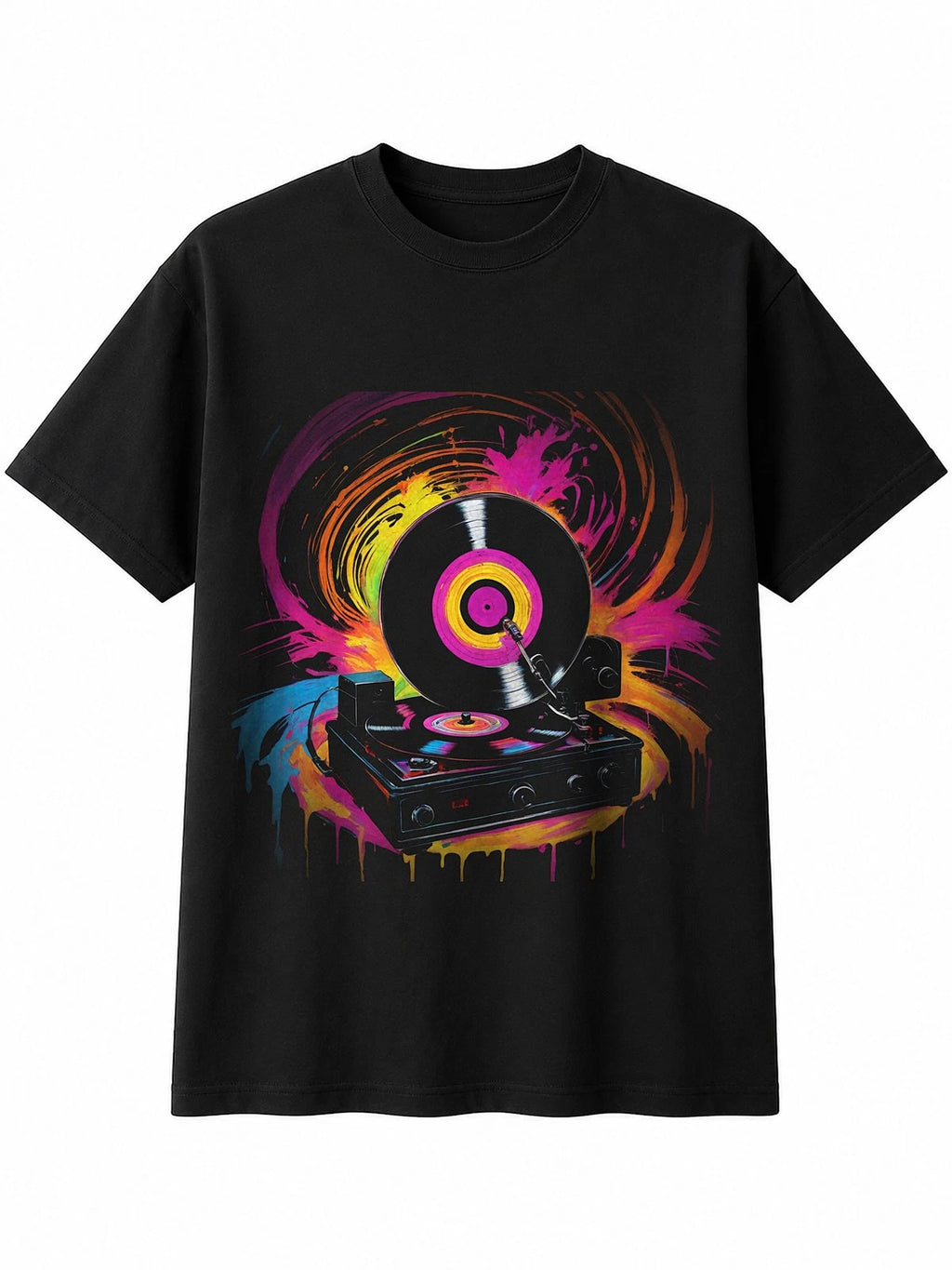Splatter Art Vinyl Record Player Neon Glow Retro Y2K Mens T-Shirt Black 90s