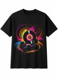 Splatter Art Vinyl Record Player Neon Glow Retro Y2K Mens T-Shirt Black 90s