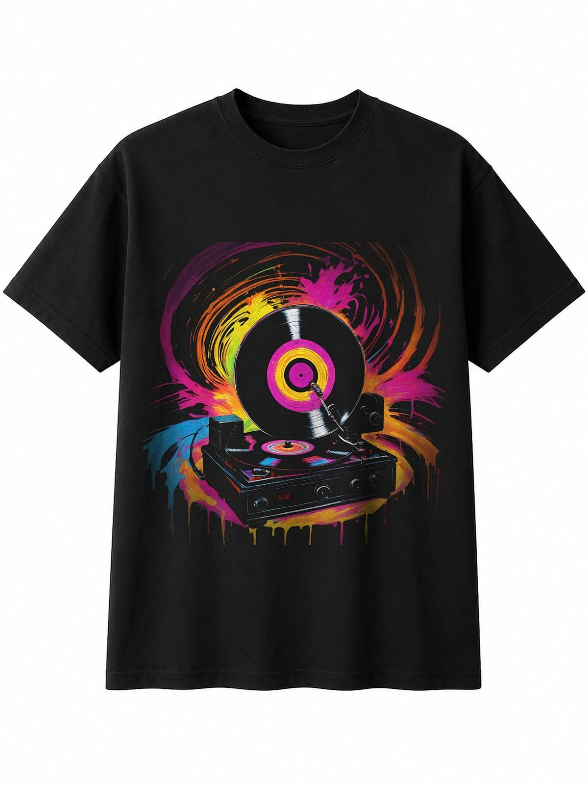 Splatter Art Vinyl Record Player Neon Glow Retro Y2K Mens T-Shirt Black 90s