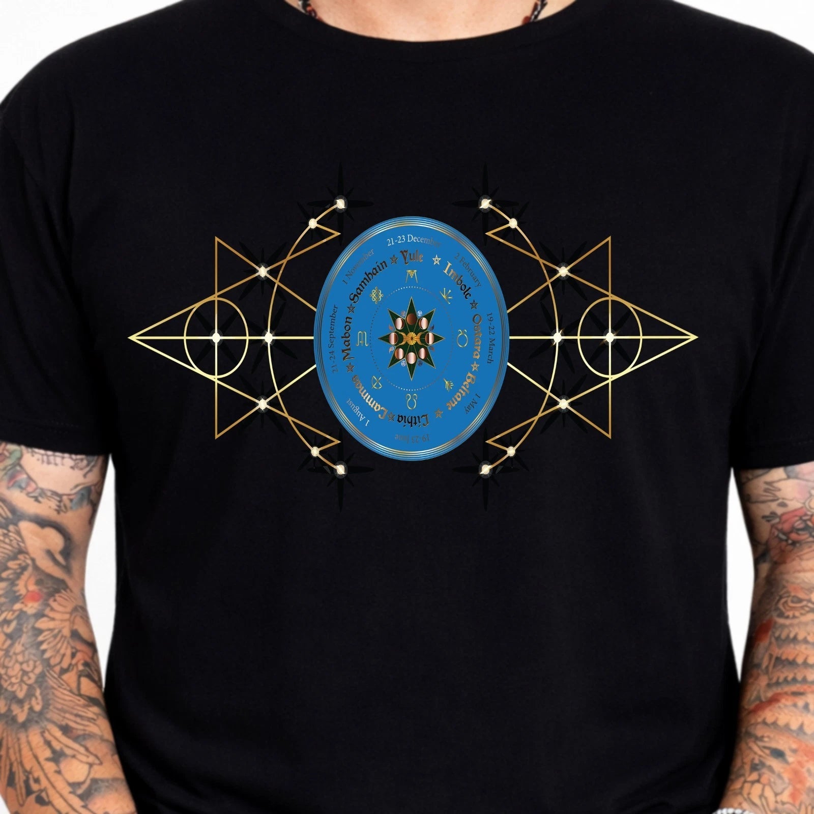 Wheel Of The Year Wiccan Pagan Sacred Geometry Solar Calendar Graphic T-Shirt.