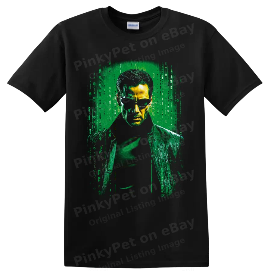 Neo Cyberpunk Code Portrait T Shirt w/ Green Digital Glitch Movie Fan Tee
