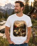 Deer & Cardinal Winter Mountain T-Shirt Nature Wildlife Graphic Tee
