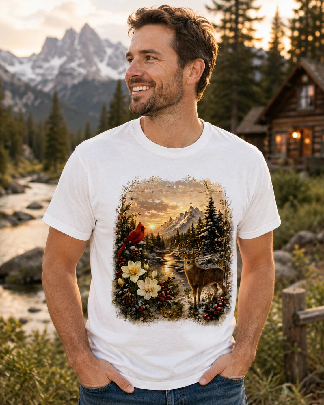 Deer & Cardinal Winter Mountain T-Shirt Nature Wildlife Graphic Tee