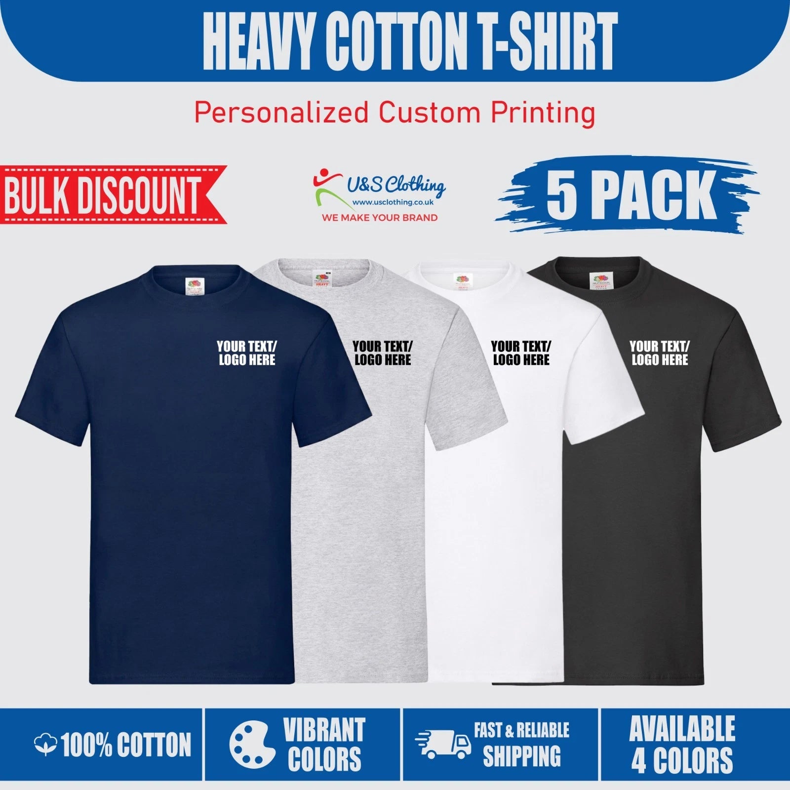 Personalised Fruit Of The Loom Heavy Cotton T-Shirts Custom Text Print Packs Top
