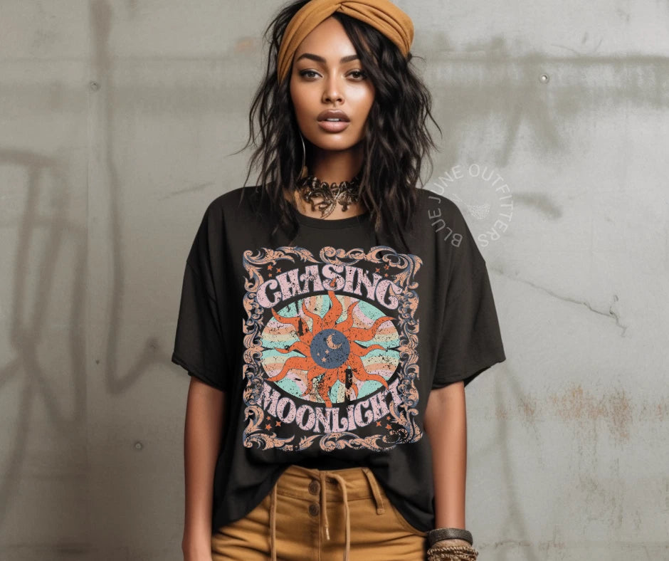 CHASING MOONLIGHT | CELESTIAL DREAMER SUN AND MOON TEE | RETRO BOHO TEE