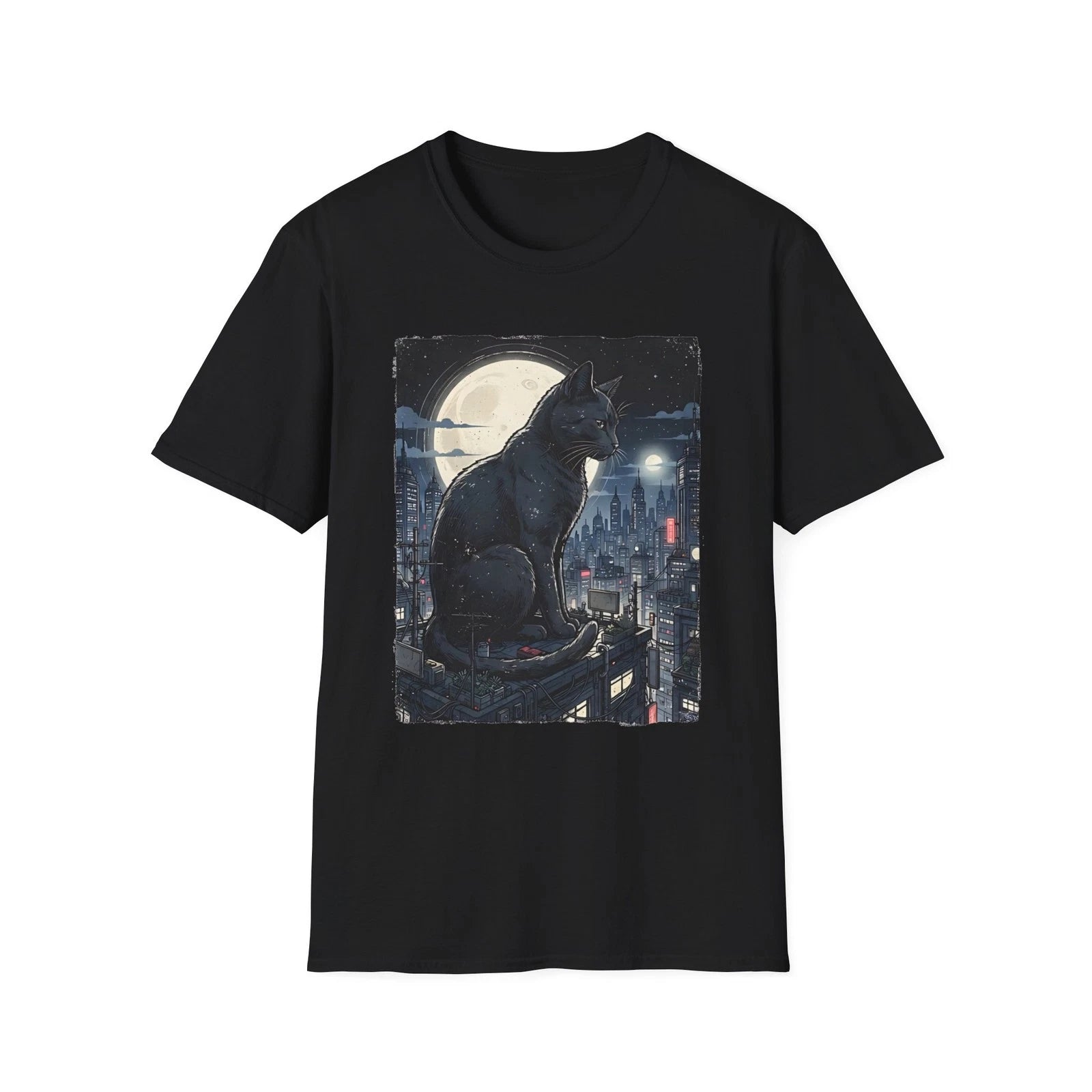 Cyberpunk Tokyo Midnight Black Cat Skyline Neon City Graphic T-Shirt Apparel