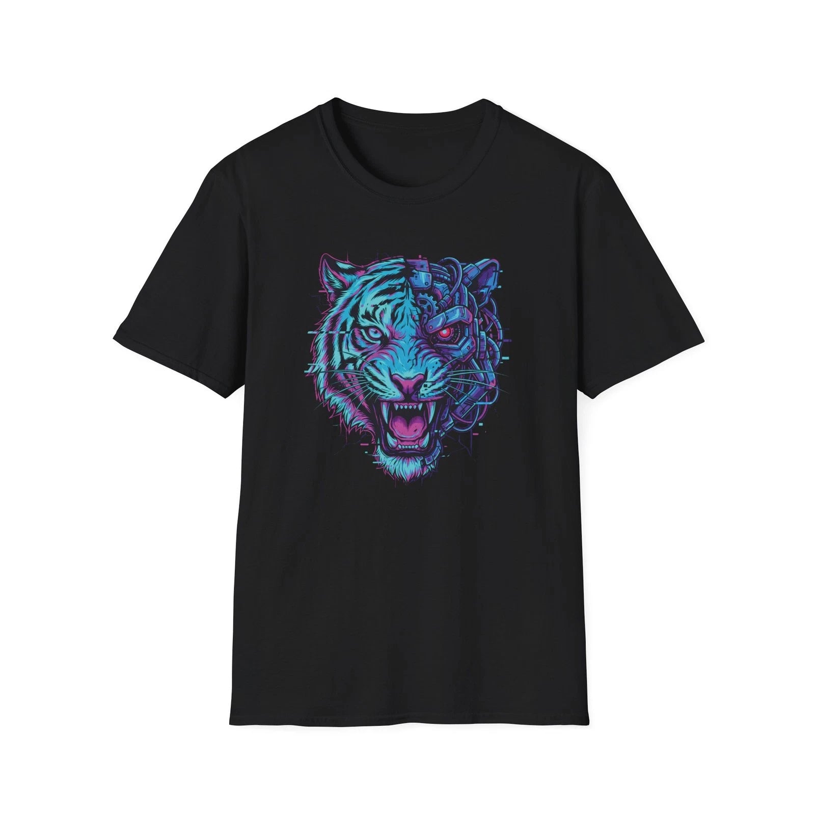 Neon Tiger Face T-Shirt Cyberpunk Japanese Streetwear Y2K Retro Graphic Tee Men