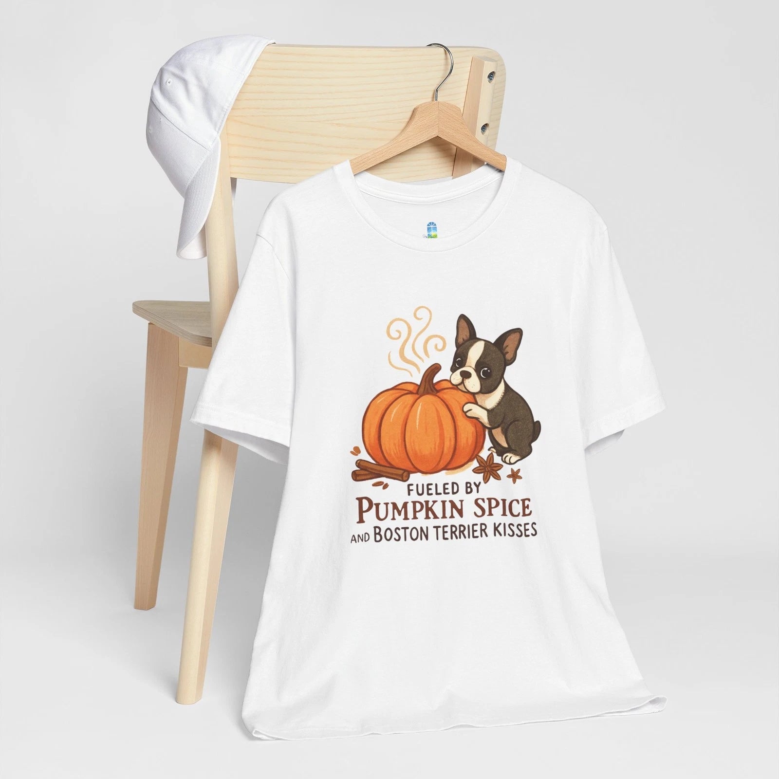 Fueled by Pumpkin Spice & Boston Terrier Kisses Womens T-Shirt Fall Dog Mom