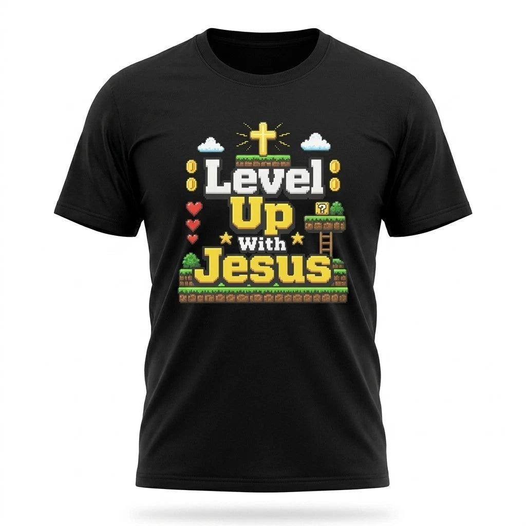 Level Up With Jesus Christian Gamer Retro Gaming Black T-Shirt