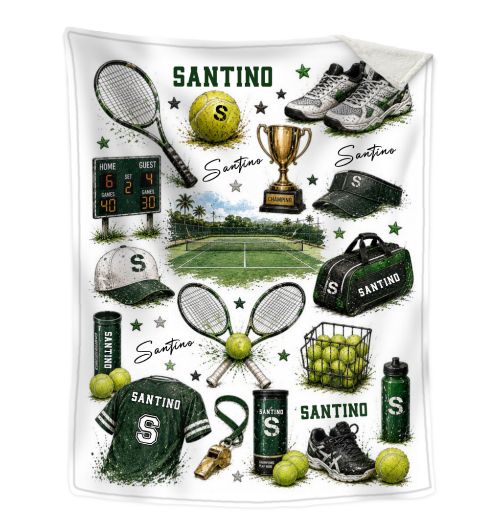 Personalized Tennis Blanket with Name, Custom Tennis Blanket for Boy, Tennis Court Nursery Decor, Kids Toddler Blanket, Racket Ball Gift
