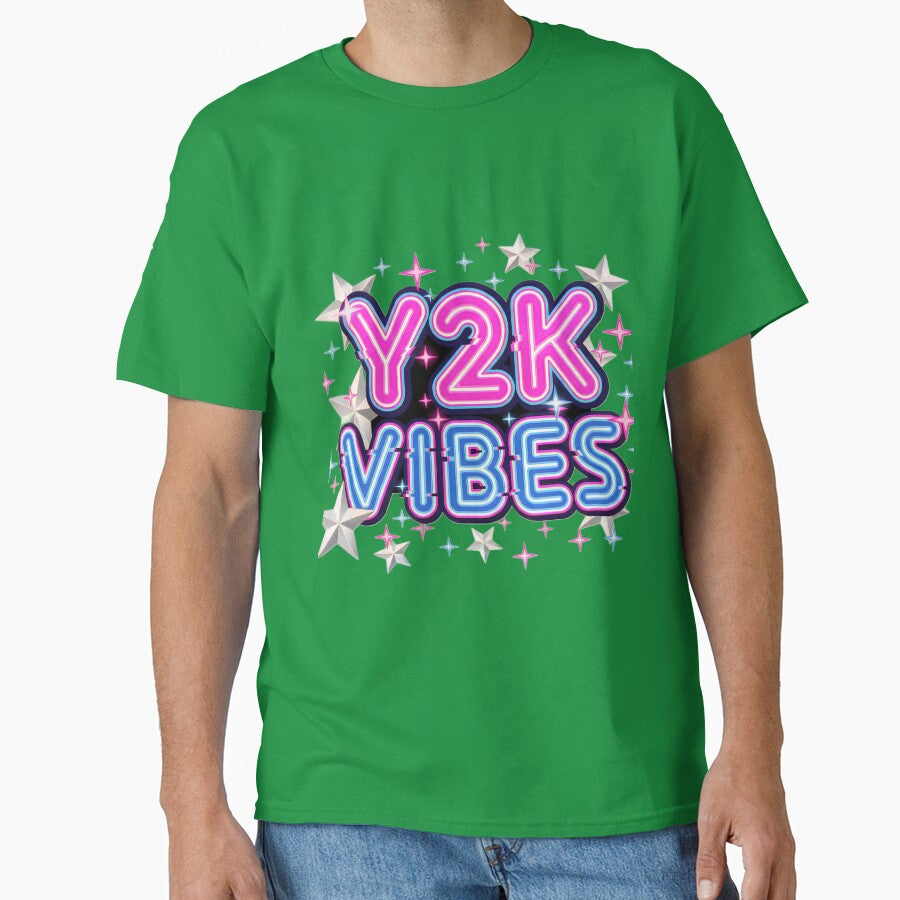 Y2K Vibes Neon Glitch Typography Retro T-Shirt by CryptoCactus