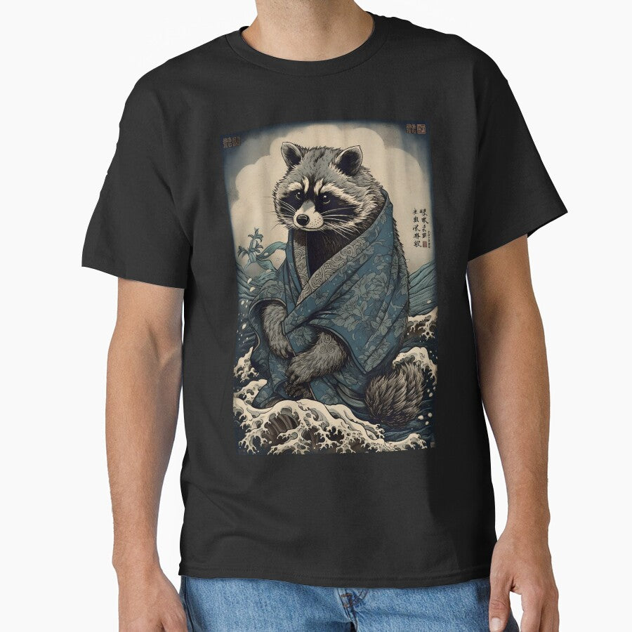 Raccoon and Waves - Traditional Japanese Ukiyoe Painting by Coco Fu