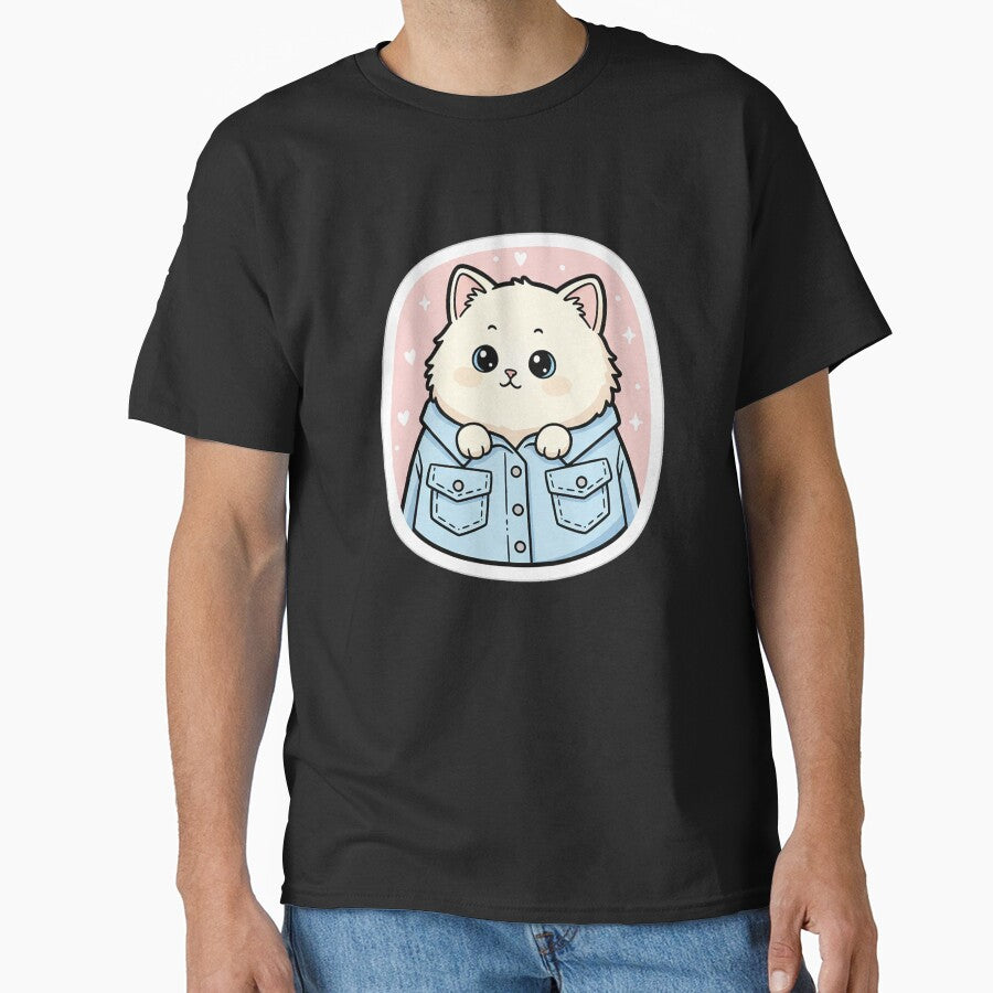 Cute Kawaii Kitten in Oversized Denim Jacket by Born to Flow