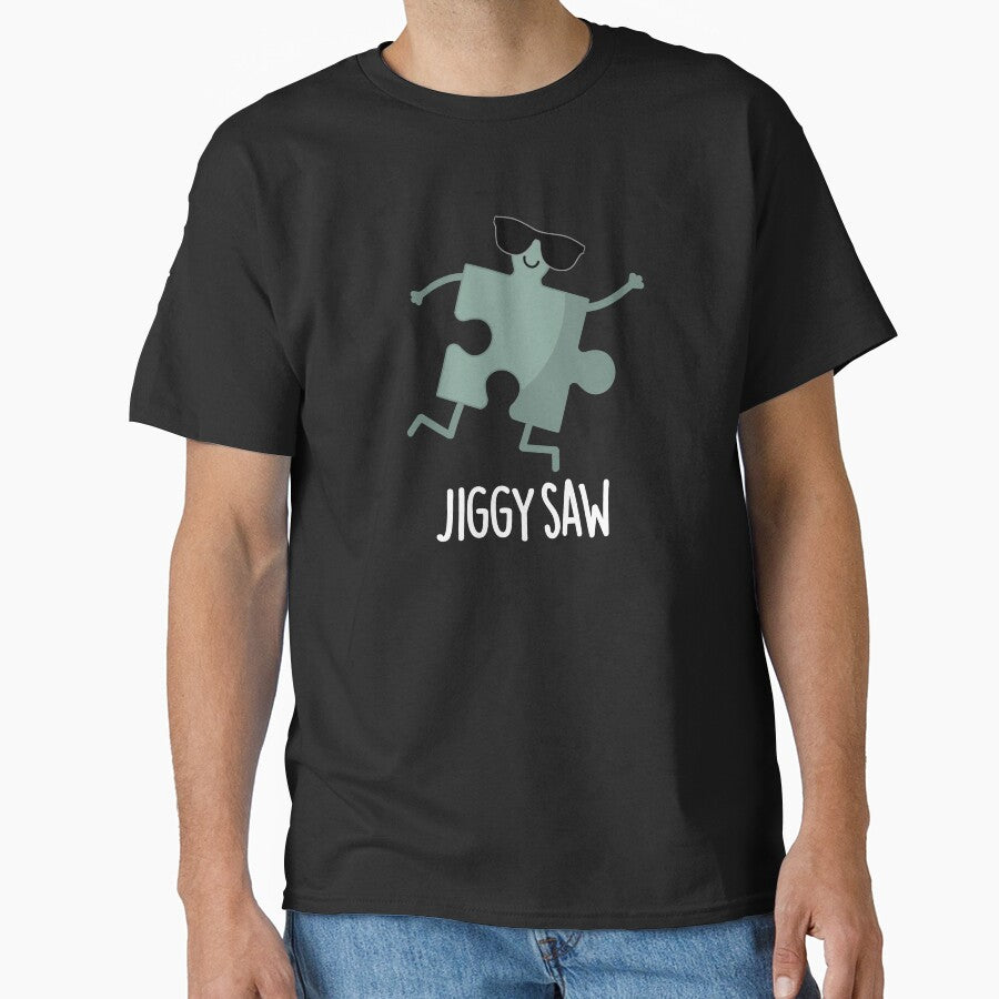 Jiggy Saw Funny Dancing Jigsaw Puzzle Pun (Dark BG) by punnybone