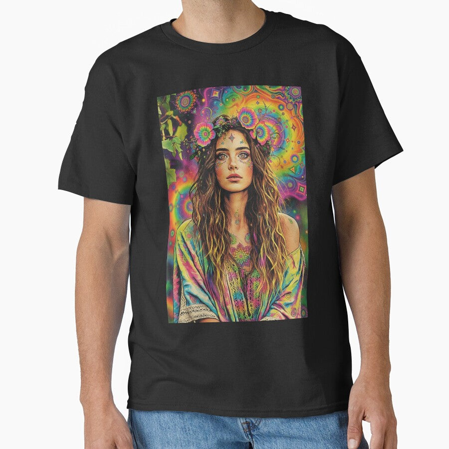 Psychedelic Hippie Goddess - Rainbow Flower Crown & Tie-Dye Portrait by David Brookes Digital