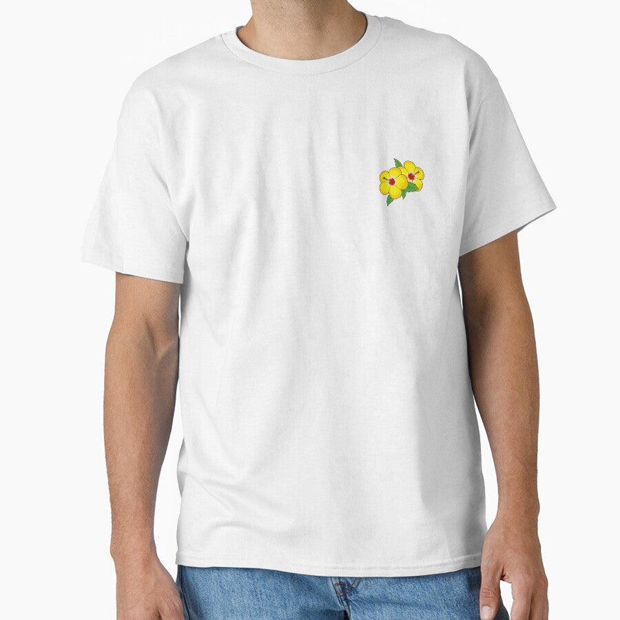 Yellow Hibiscus Flower Pocket Patch T-Shirt for Men and Women by AllStarMerch