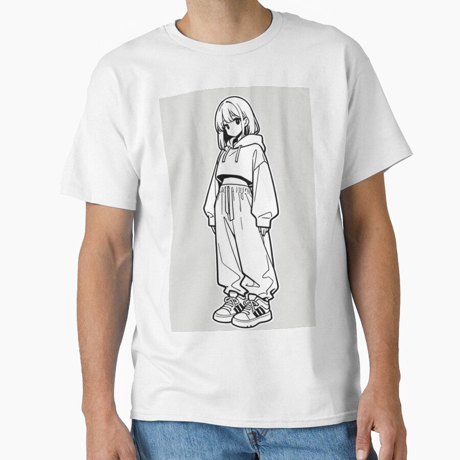 Fashion - Girl in White Crop Hoodie Baggy Pants Striped Sneakers by AnimeShin