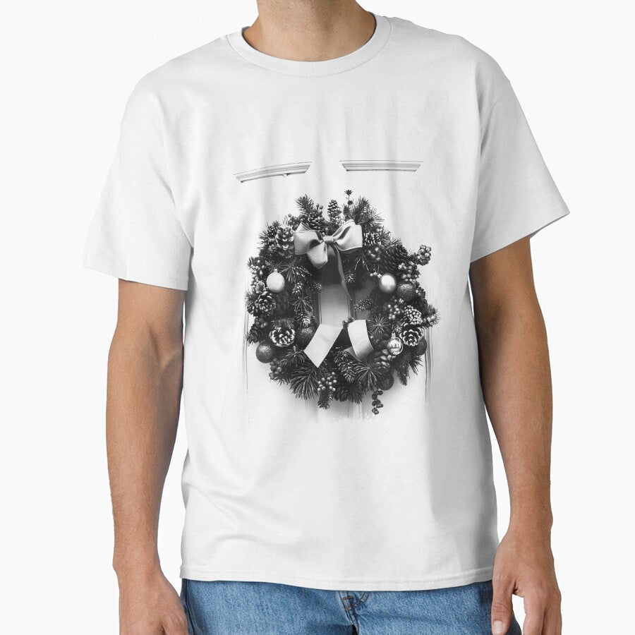Christmas Wreath on Door – Elegant Black and White Holiday Decor Illustration by inkoutninja