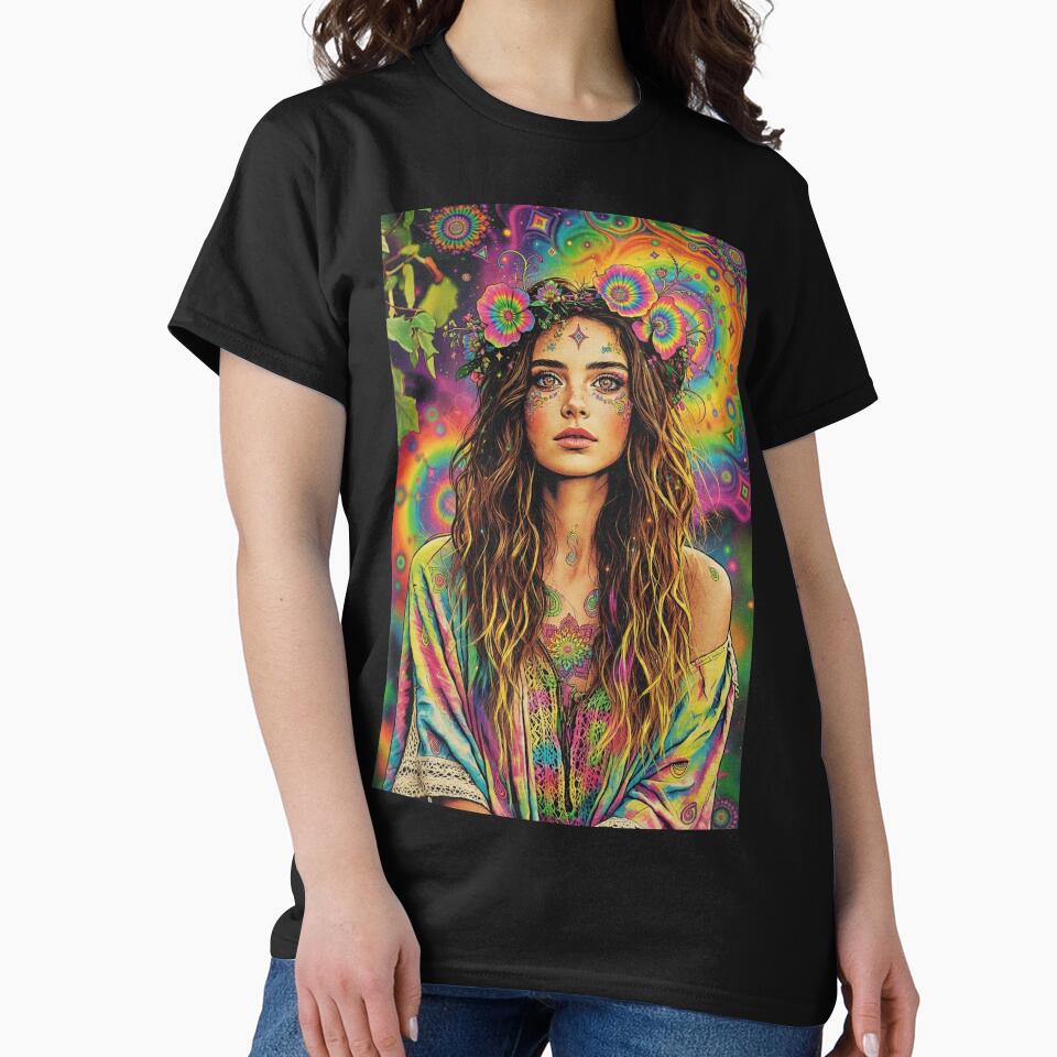 Psychedelic Hippie Goddess - Rainbow Flower Crown & Tie-Dye Portrait by David Brookes Digital