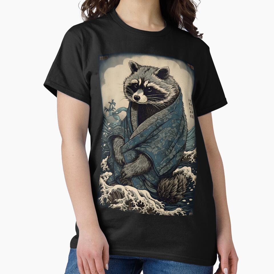 Raccoon and Waves - Traditional Japanese Ukiyoe Painting by Coco Fu
