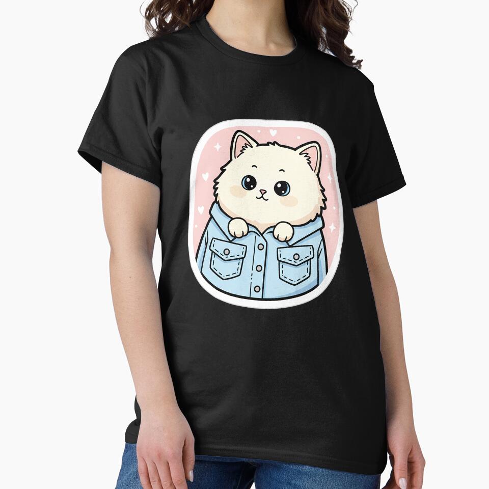 Cute Kawaii Kitten in Oversized Denim Jacket by Born to Flow