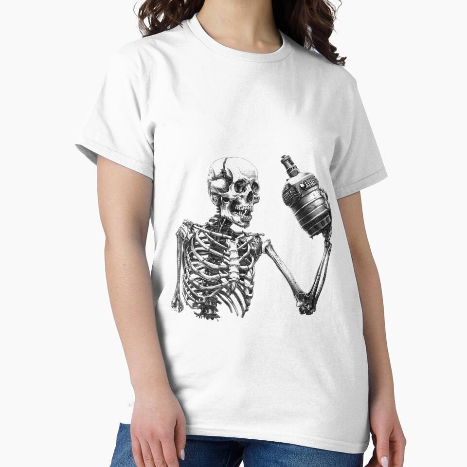 Skeleton Toasting Grenade – Dark Humor Black and White Illustration by inkoutninja