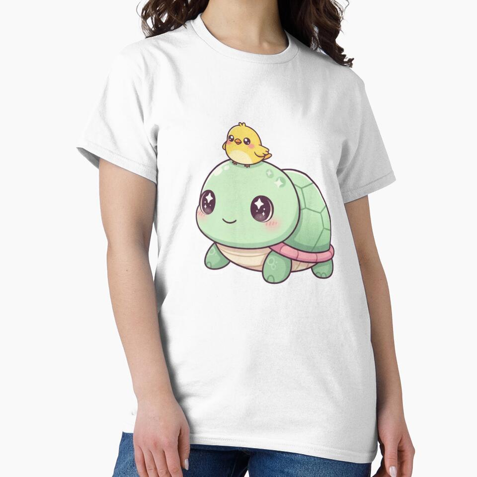 Cute Kawaii Turtle with adorable little puffy yellow bird by Melissa Conner