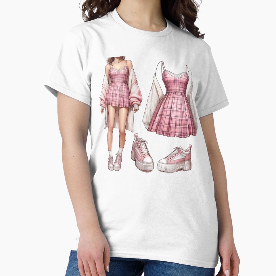 Pink Plaid Sundress - Oversized Cardigan - Y2K Fashion Drawing by AmberRoseWrites